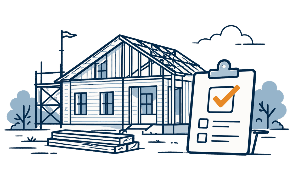 Illustration of a house under construction next to a project checklist